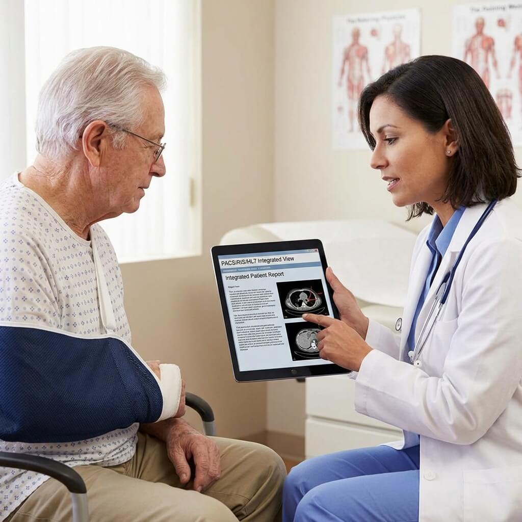 Female physician reviewing digital chest CT scan report on tablet with senior patient.