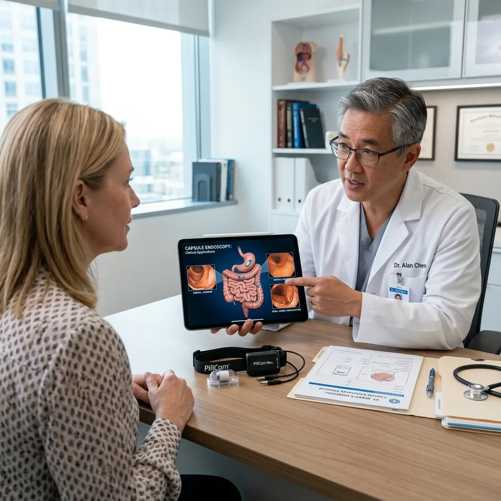 Gastroenterologist explaining capsule endoscopy procedure to a female patient using a tablet.