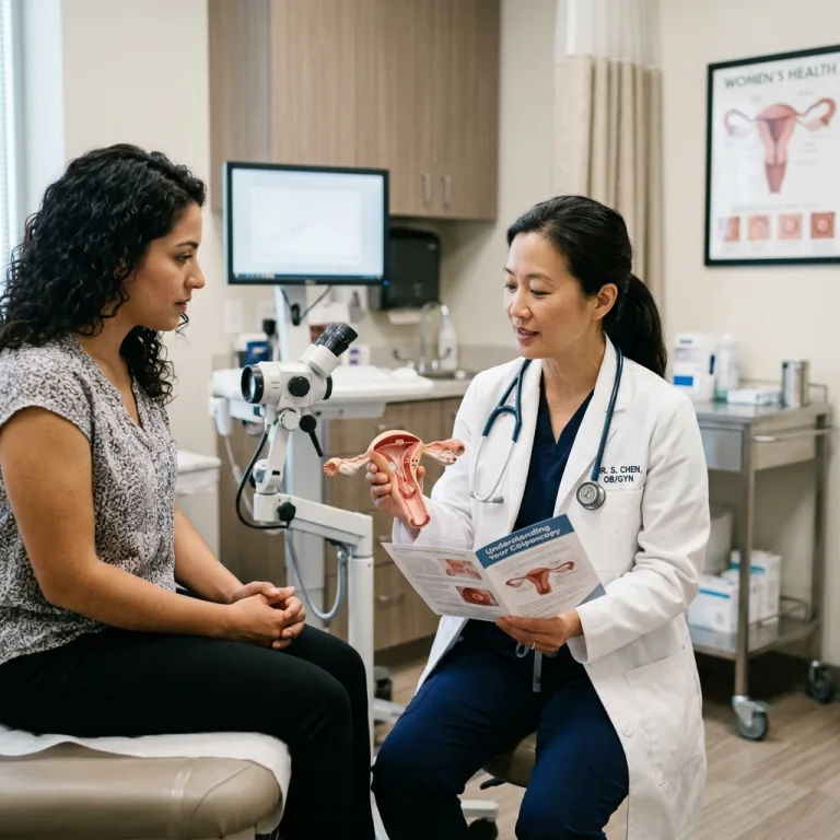 Gynecologist explaining colposcopy procedure to patient using uterine anatomical model in clinic.