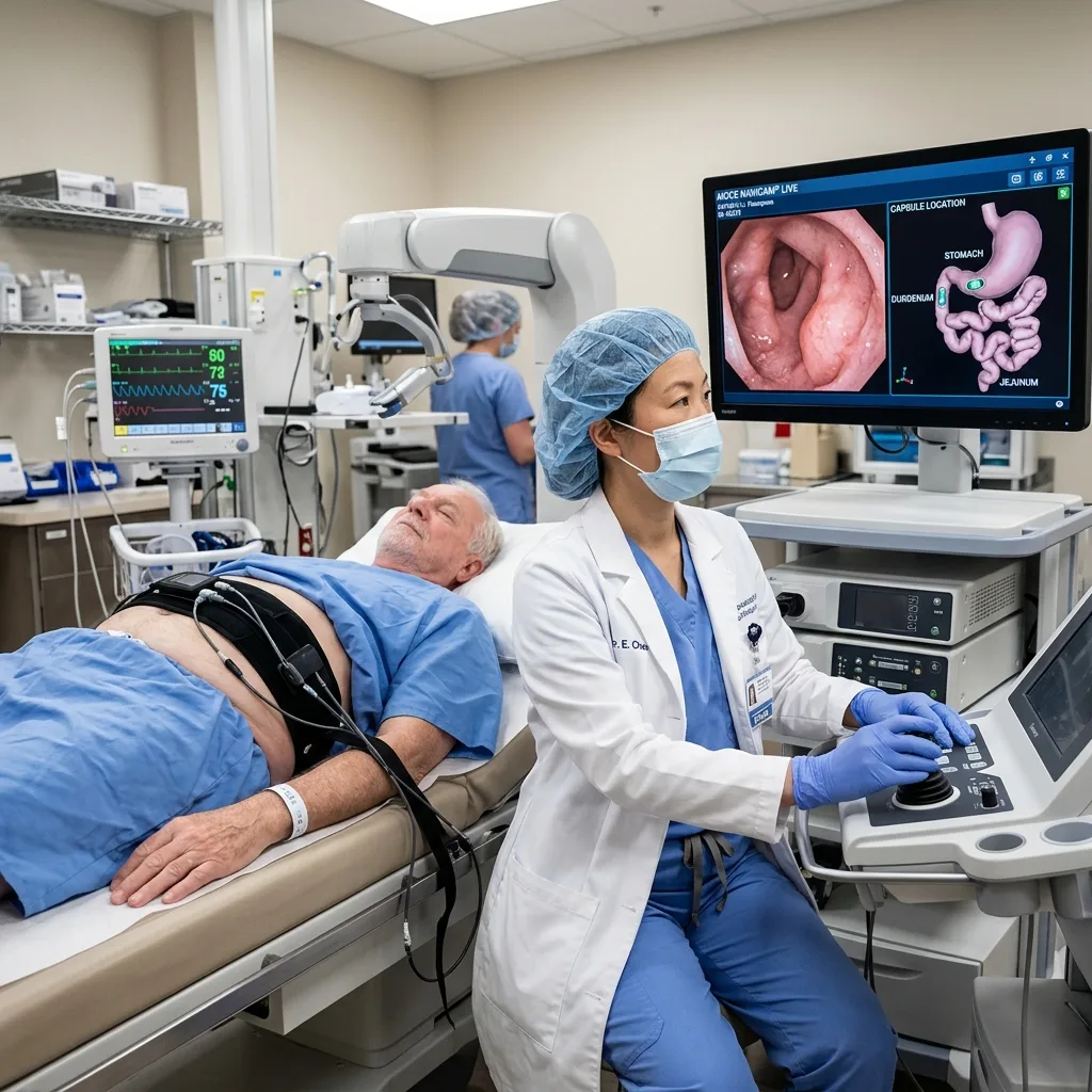 Doctor operating a magnetically controlled capsule endoscopy system while patient rests on an examination table.