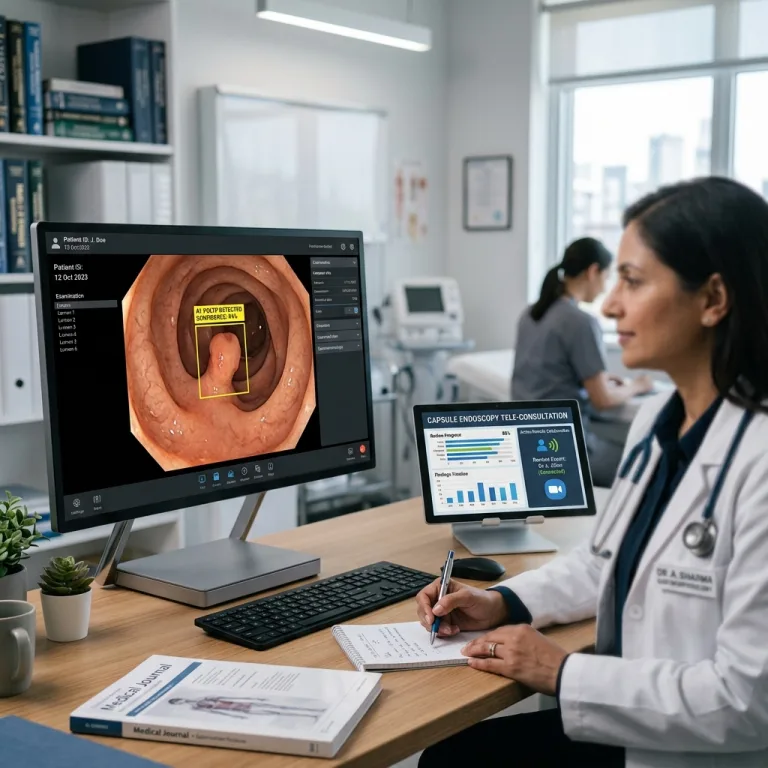Gastroenterologist reviewing AI-assisted capsule endoscopy scan for polyp detection.