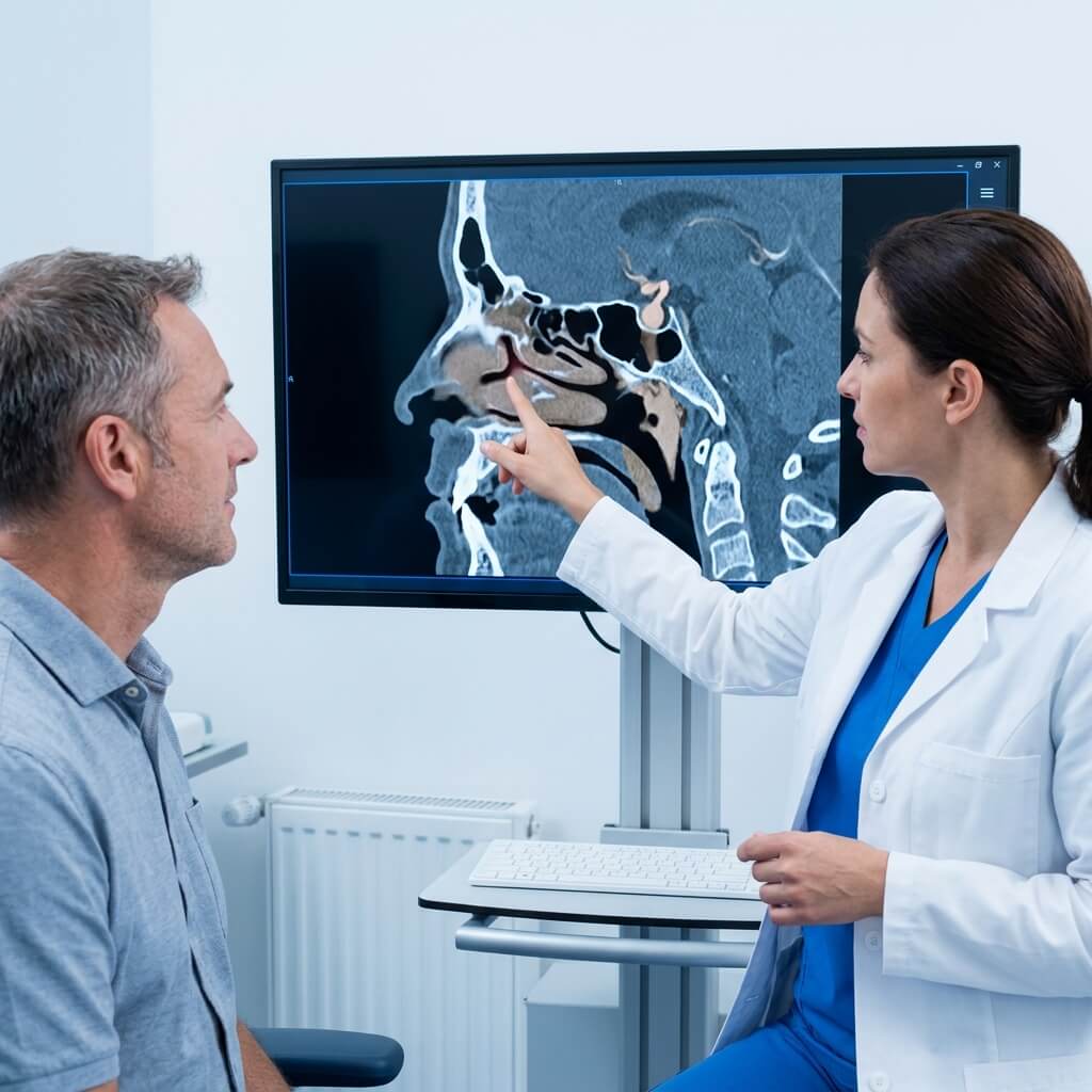 ENT specialist pointing to CT sinus anatomy scan on workstation during patient consultation.