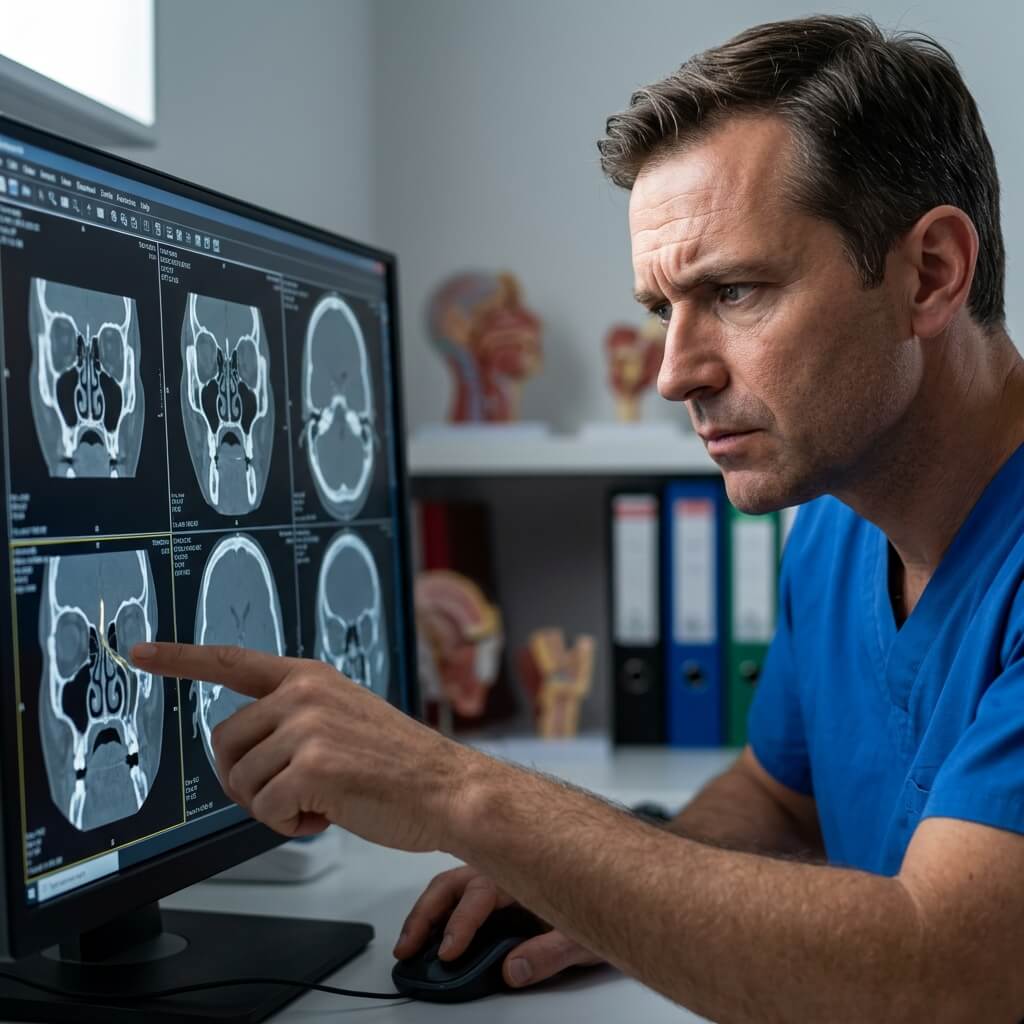 ENT surgeon pointing at multi-slice sinus CT imaging on medical monitor during preoperative planning.
