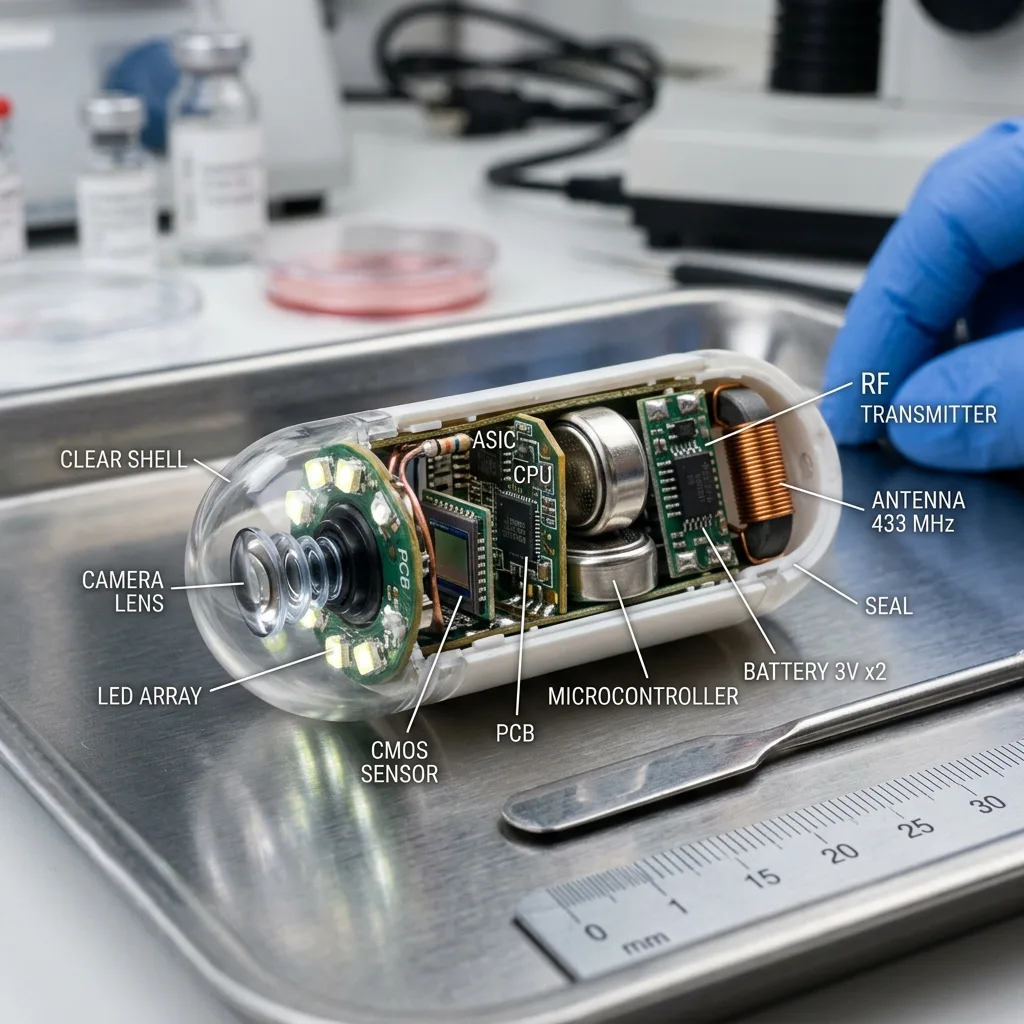 Diagram showing internal cross-section components of a medical capsule endoscope camera.