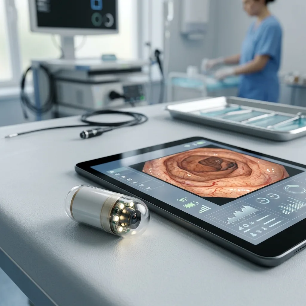 Wireless capsule endoscope resting next to a medical tablet displaying intestinal imaging.