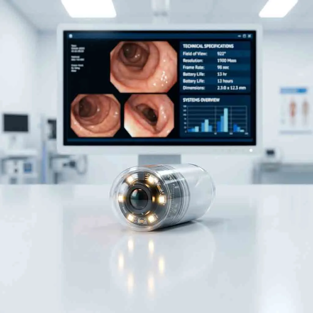 Close-up of a wireless capsule endoscope pill with LED lights in front of a medical diagnostic monitor.