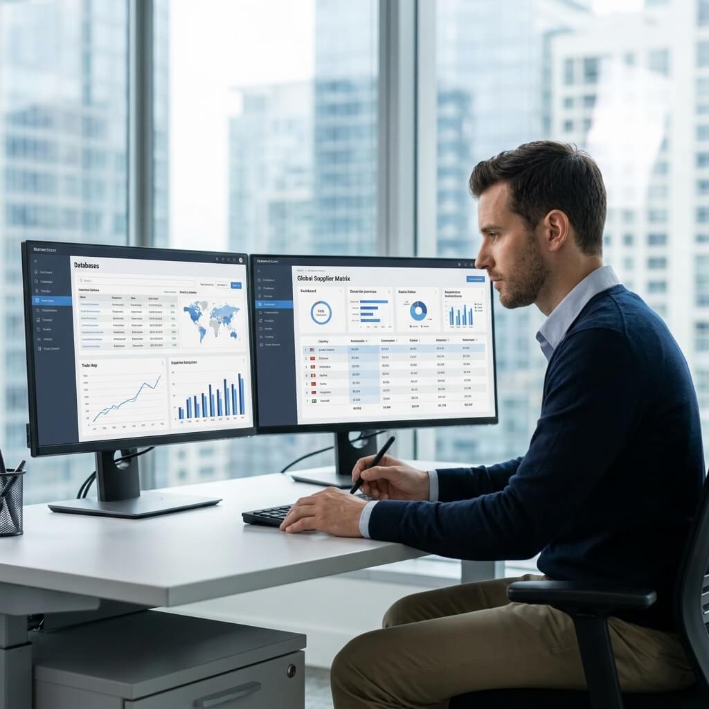 Procurement specialist analyzing global supplier performance metrics on dual office monitors.