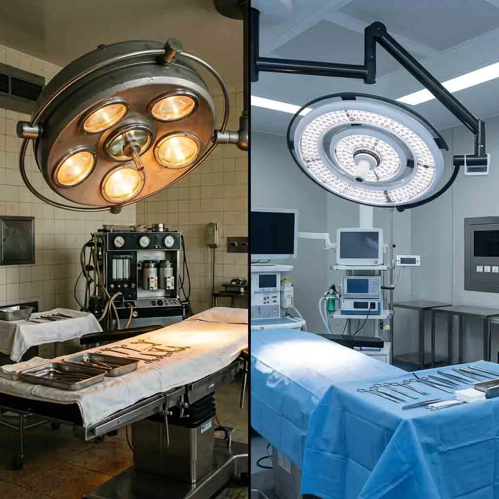 Side-by-side comparison of vintage halogen surgical lights and modern LED operating room lights.