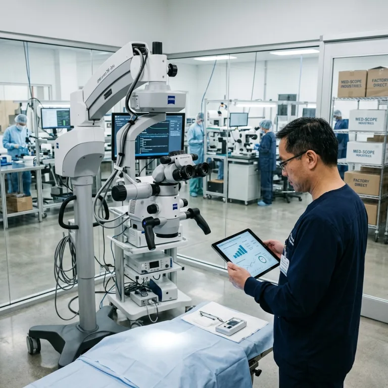 Quality inspector reviewing surgical microscope performance metrics on tablet in cleanroom manufacturing facility.