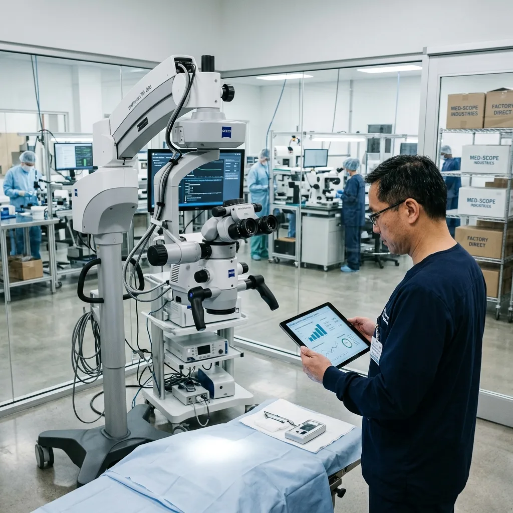 Quality inspector reviewing surgical microscope performance metrics on tablet in cleanroom manufacturing facility.