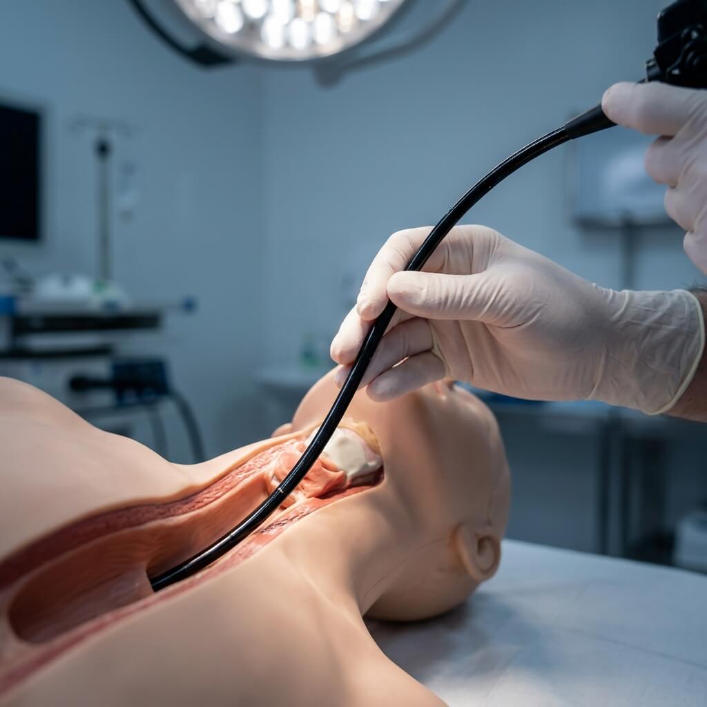 Medical professional practicing fiberoptic intubation on an airway management training manikin.
