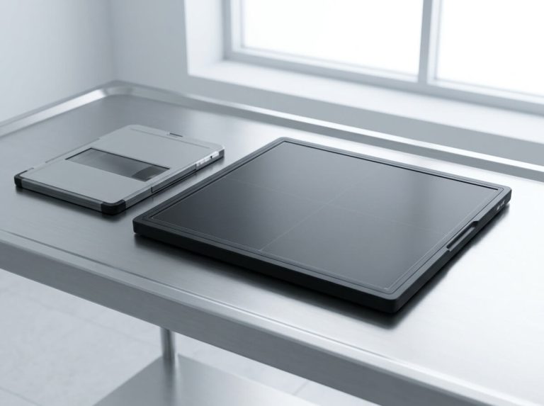 Wireless digital X-ray flat panel detector and tablet on stainless steel table.