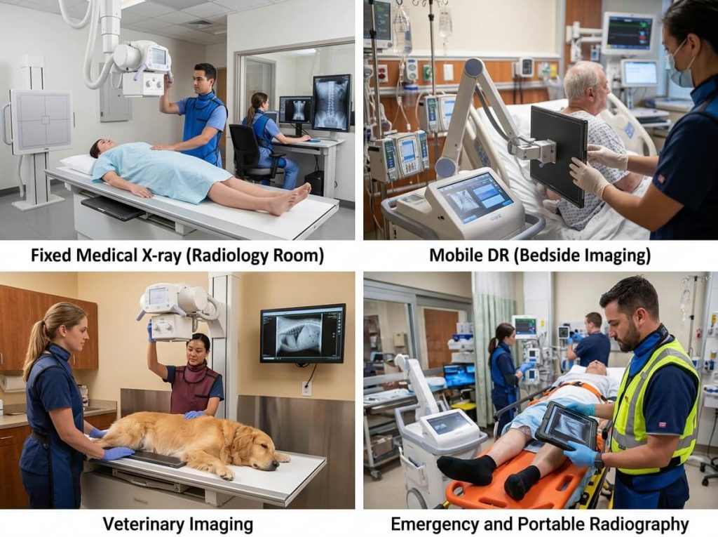 Four panel graphic showing fixed, mobile, veterinary, and emergency X-ray applications.