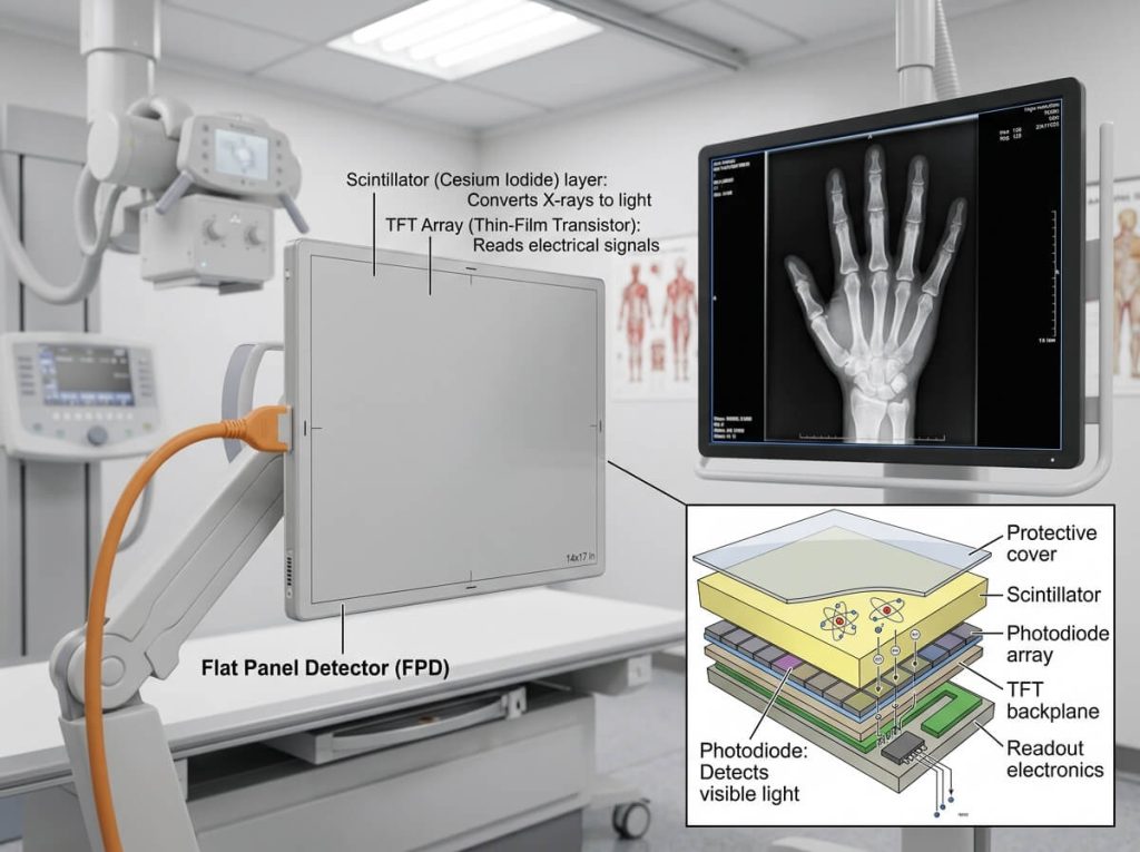Diagram explaining flat panel detector internal layer structure and X-ray conversion.