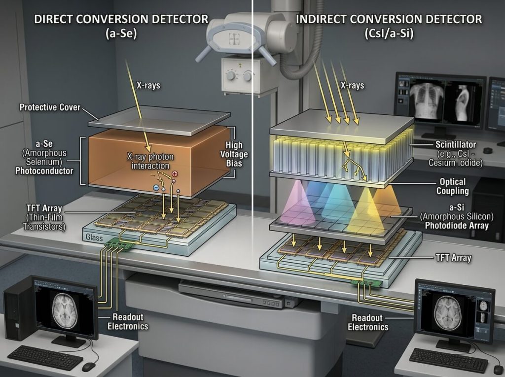 Diagram comparing direct conversion a-Se and indirect conversion CsI flat panel detector technologies.
