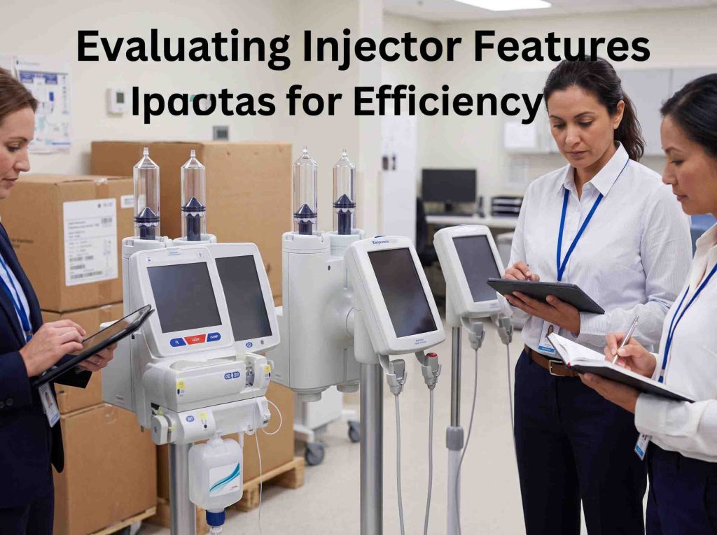 Medical procurement specialists evaluating dual head contrast media injectors in clinical testing room.