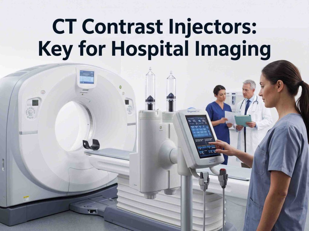 Radiology technologist operating dual syringe CT contrast injector beside CT scanner gantry.