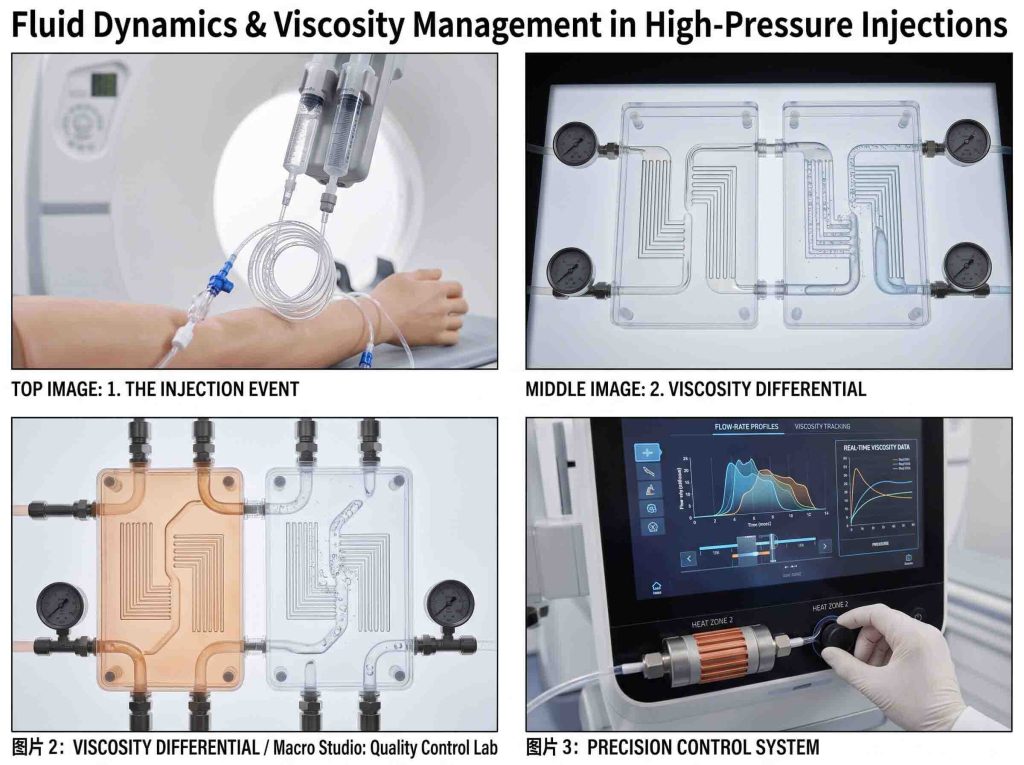 Four-panel diagram demonstrating fluid dynamics, viscosity differentials, and real-time flow rate tracking in contrast media delivery.