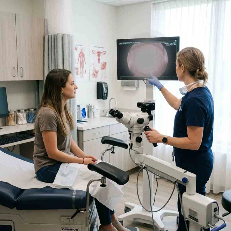 Gynecologist reviewing digital colposcopy cervical imaging on monitor with patient in examination room