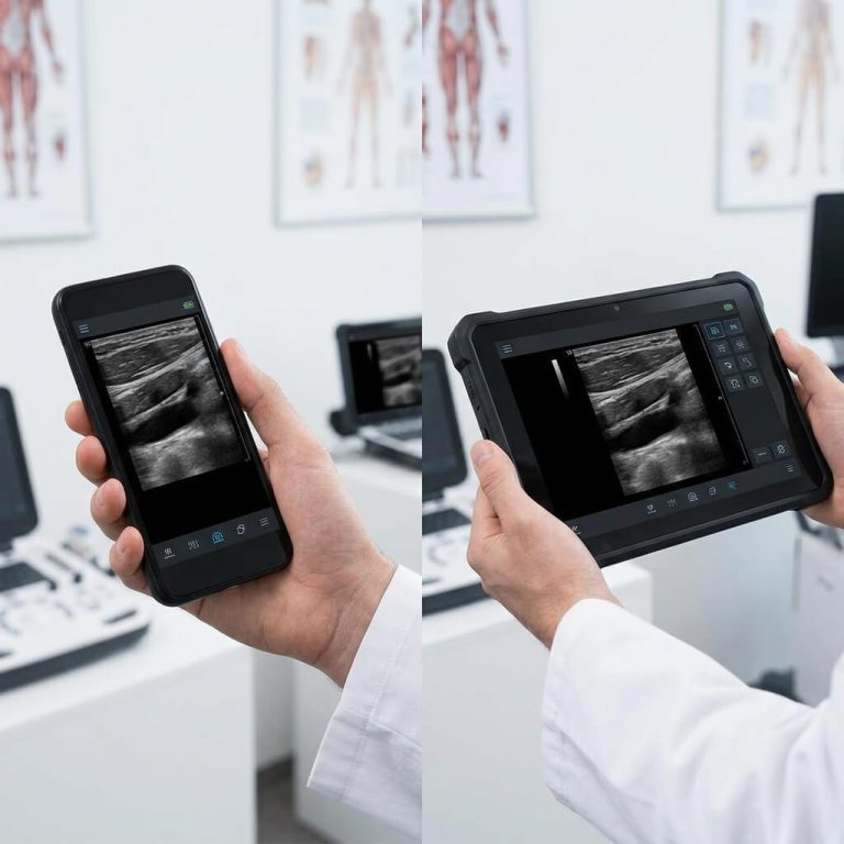 Two close-up views showing medical professionals holding a smartphone and a rugged tablet, both displaying real-time ultrasound imaging scans.
