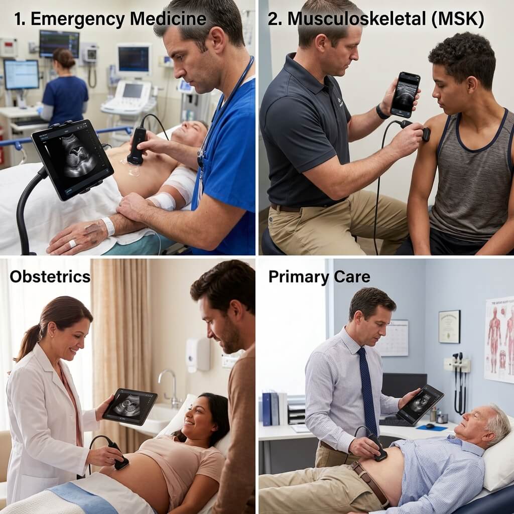 Four-panel collage demonstrating handheld ultrasound usage in Emergency Medicine, Musculoskeletal, Obstetrics, and Primary Care.