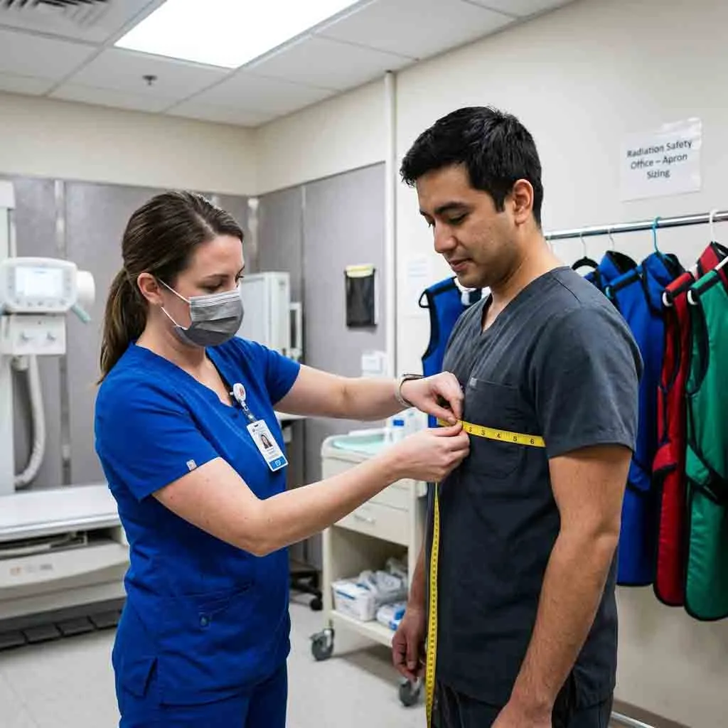 Healthcare worker measuring a colleague for a custom-fit medical radiation protection lead apron.