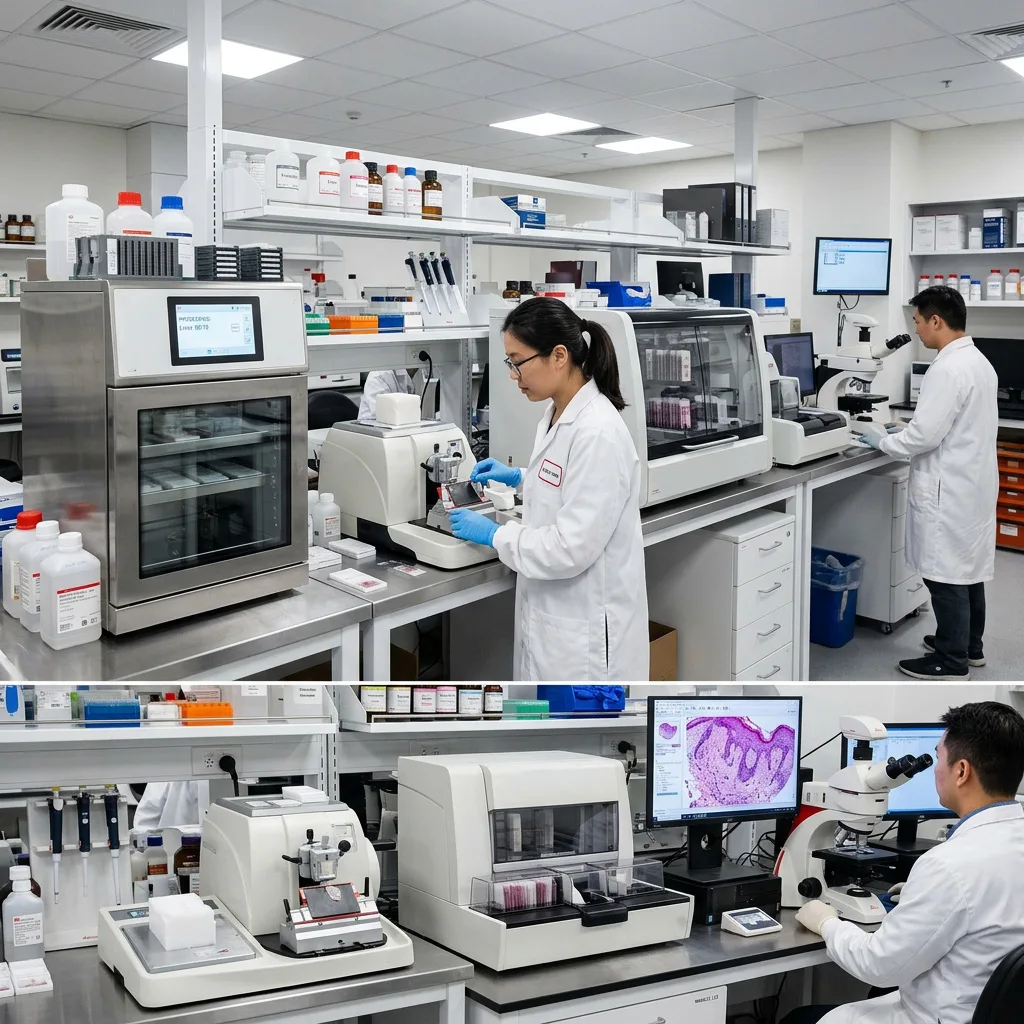 Clinical pathology laboratory workflow showing automated tissue processing, microtome sectioning, and digital slide analysis.