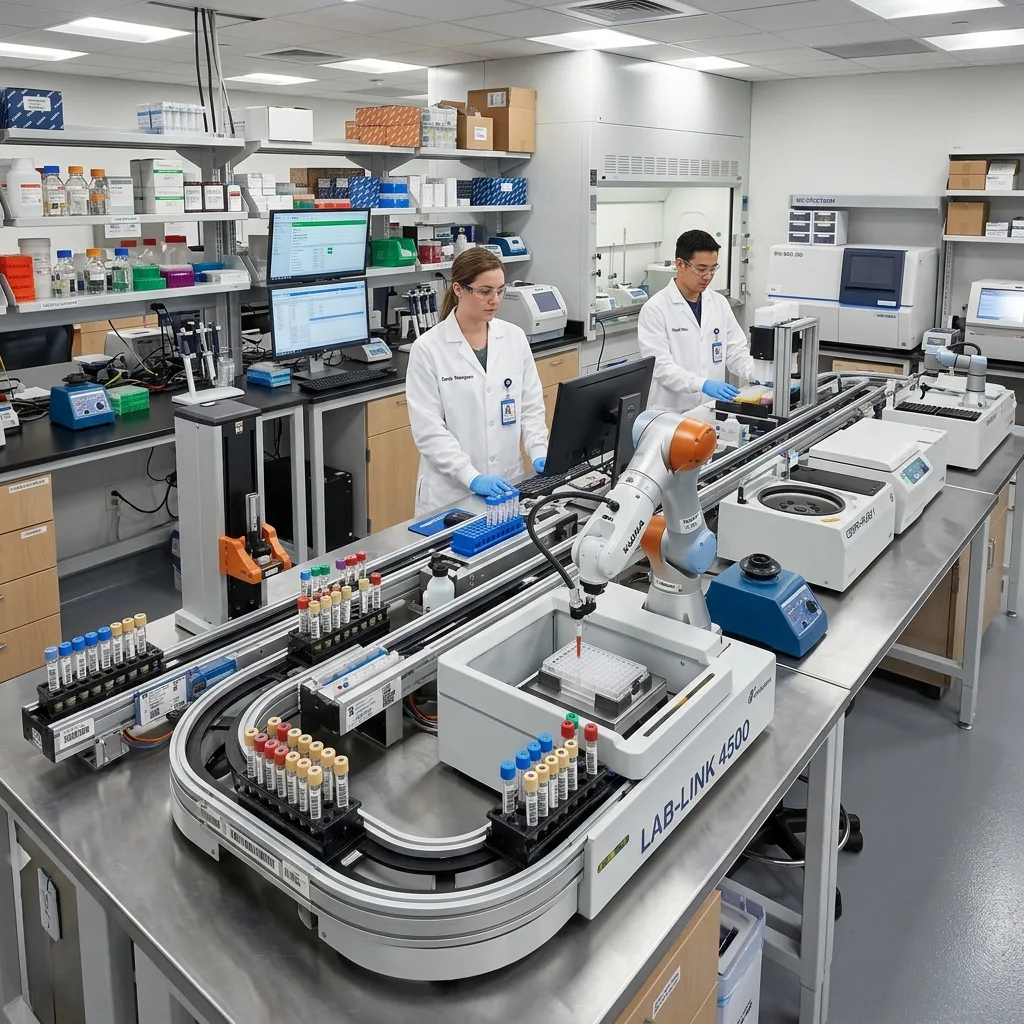 Automated clinical laboratory system featuring a robotic arm processing test tubes on a conveyor track.