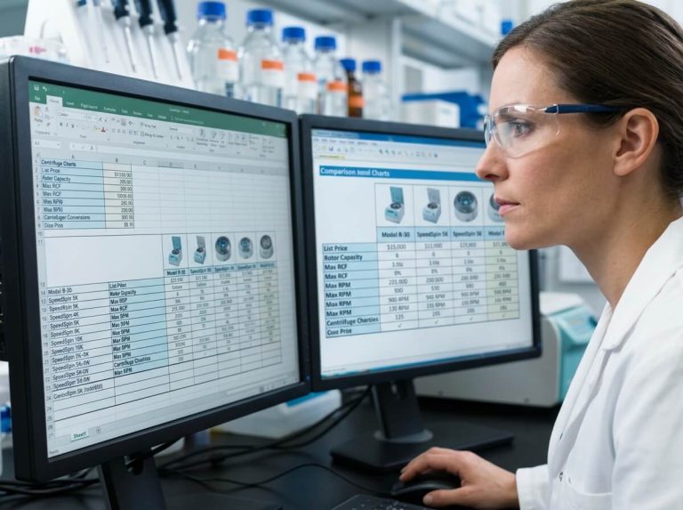 Procurement specialist evaluating laboratory centrifuge price and performance comparison chart.
