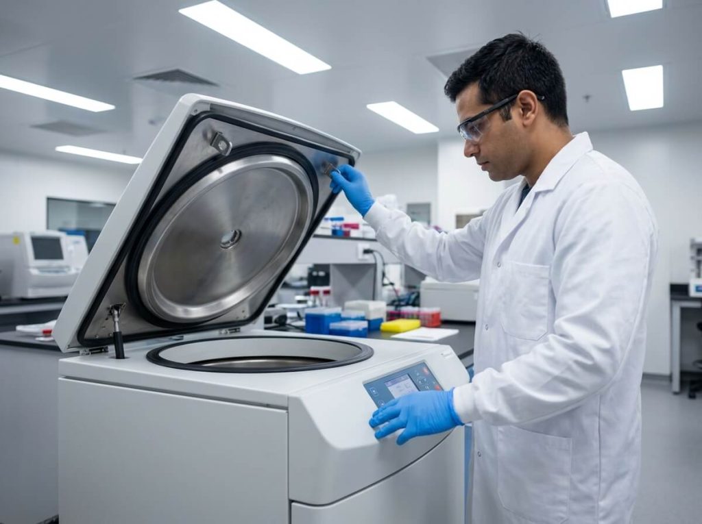 Scientist adjusting settings on floor standing refrigerated centrifuge control panel.