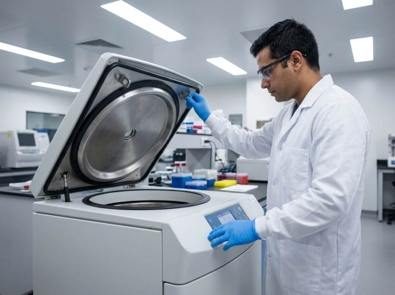 Scientist adjusting settings on floor standing refrigerated centrifuge control panel.