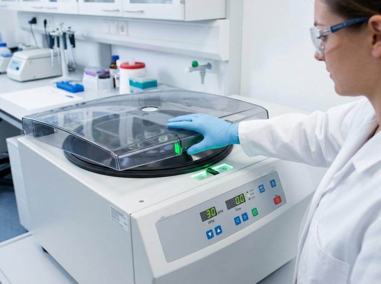 Researcher closing transparent safety lid of high-speed benchtop centrifuge.