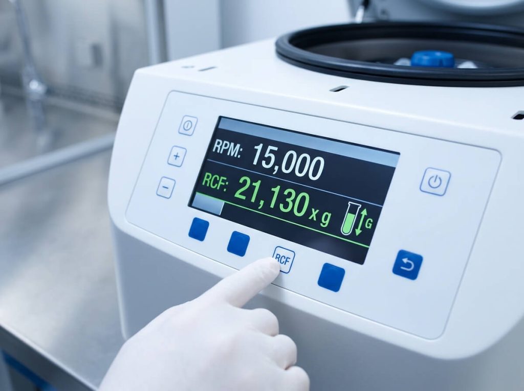 Digital control panel display of high-speed laboratory centrifuge showing RPM and RCF values.