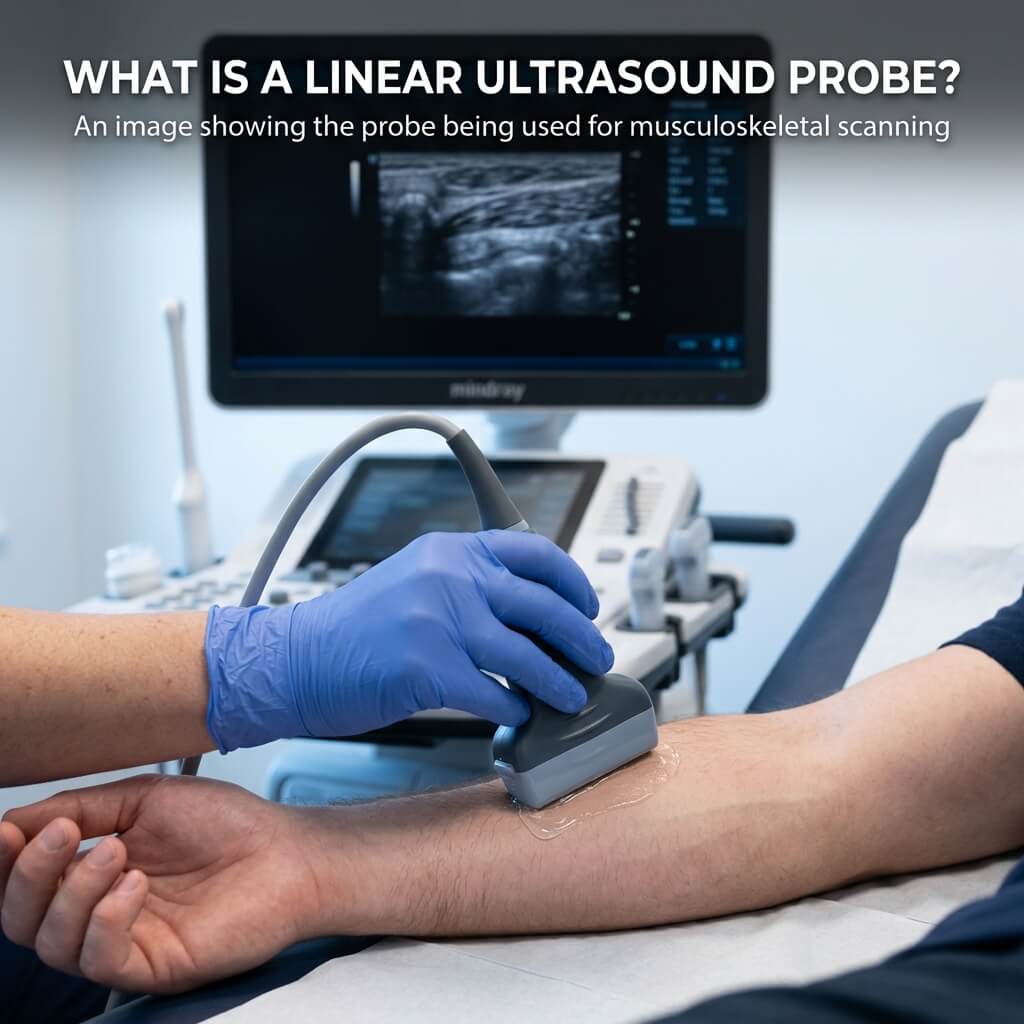 Medical professional performing a musculoskeletal scan on a patient's arm using a linear ultrasound probe.