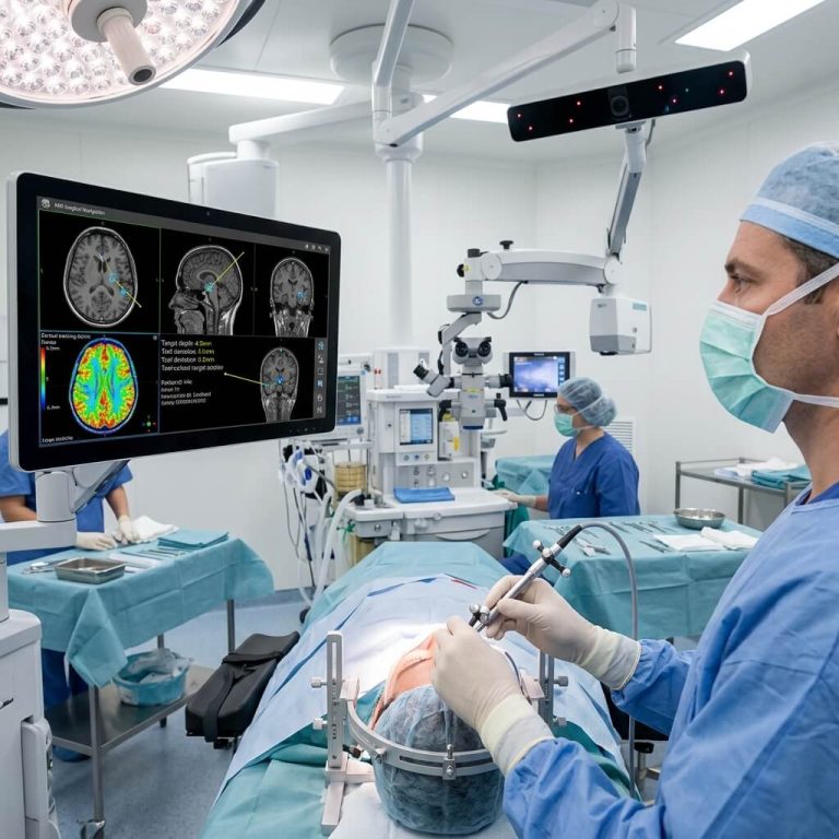 Neurosurgeon performing stereotactic cranial surgery guided by multi-planar MRI surgical navigation monitors.