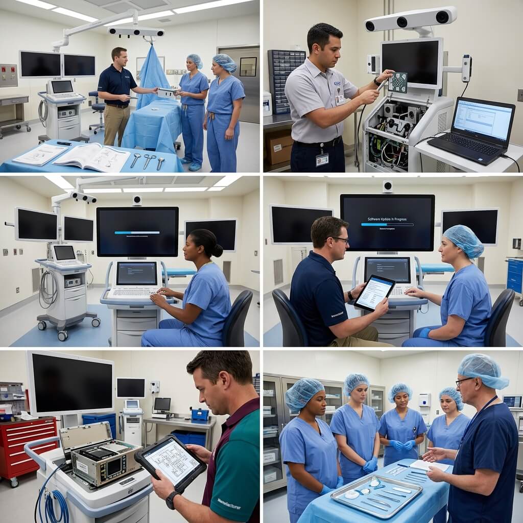 Six-panel collage showing surgical navigation system calibration, hardware servicing, software updates, and surgical staff training.