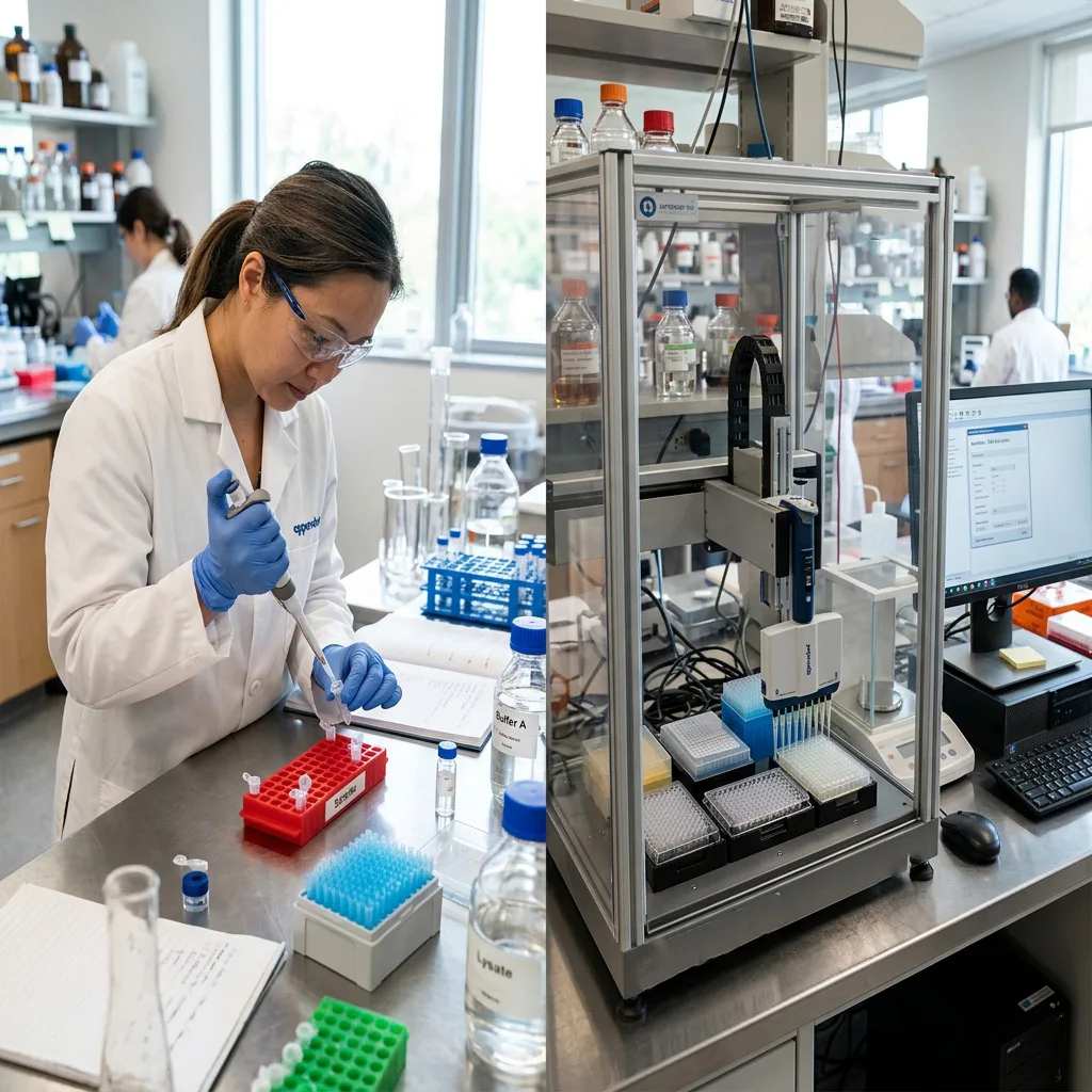 Side-by-side comparison of a scientist manually pipetting and an automated liquid handling robot processing microplates.