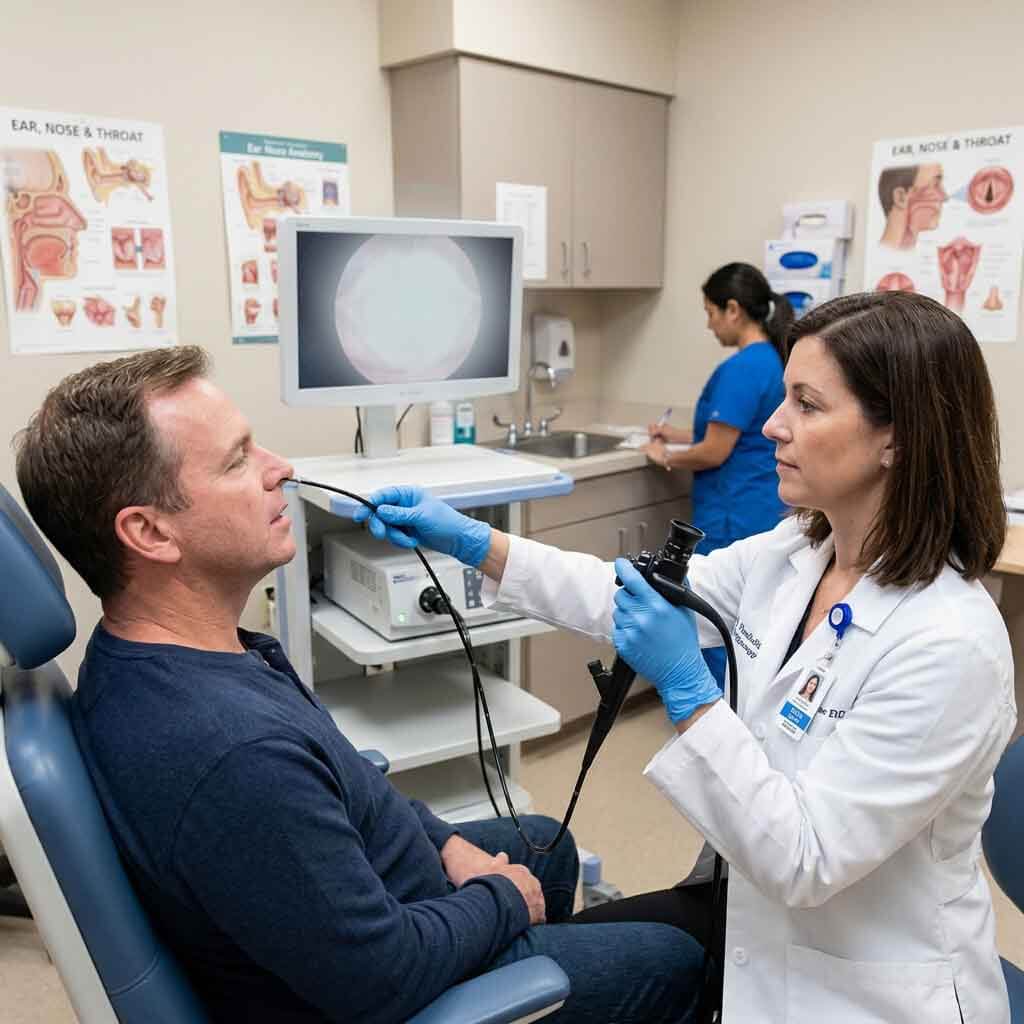 ENT physician performing a nasal endoscopy examination on a patient in a clinic.