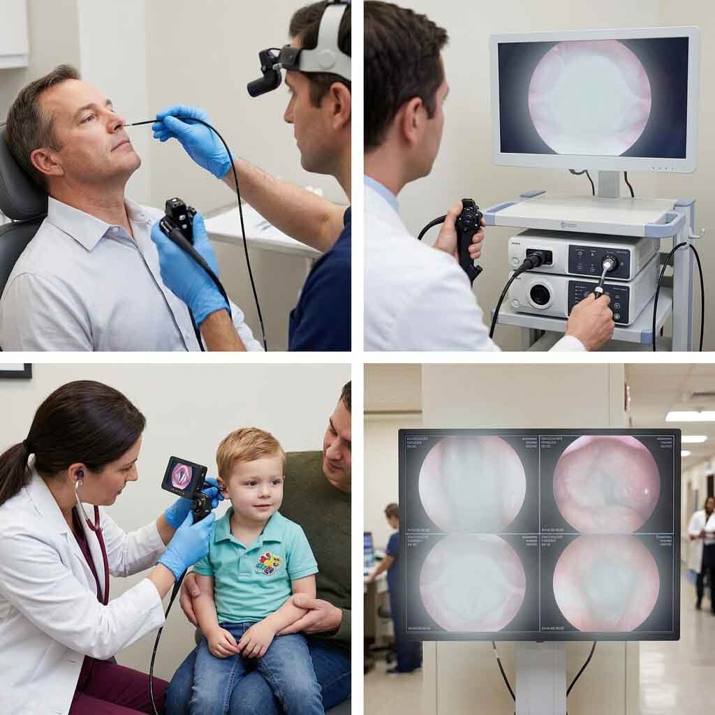 Collage showing various clinical applications of medical fiberscopes including adult and pediatric ENT examinations.