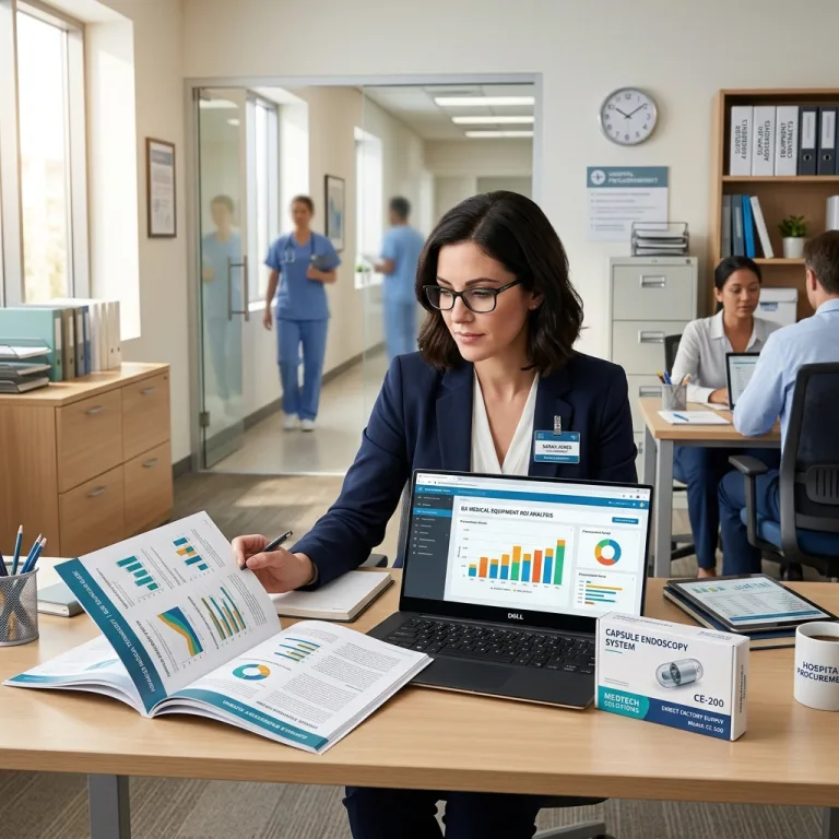 Medical procurement manager analyzing ROI and sourcing reports for endoscopy equipment.