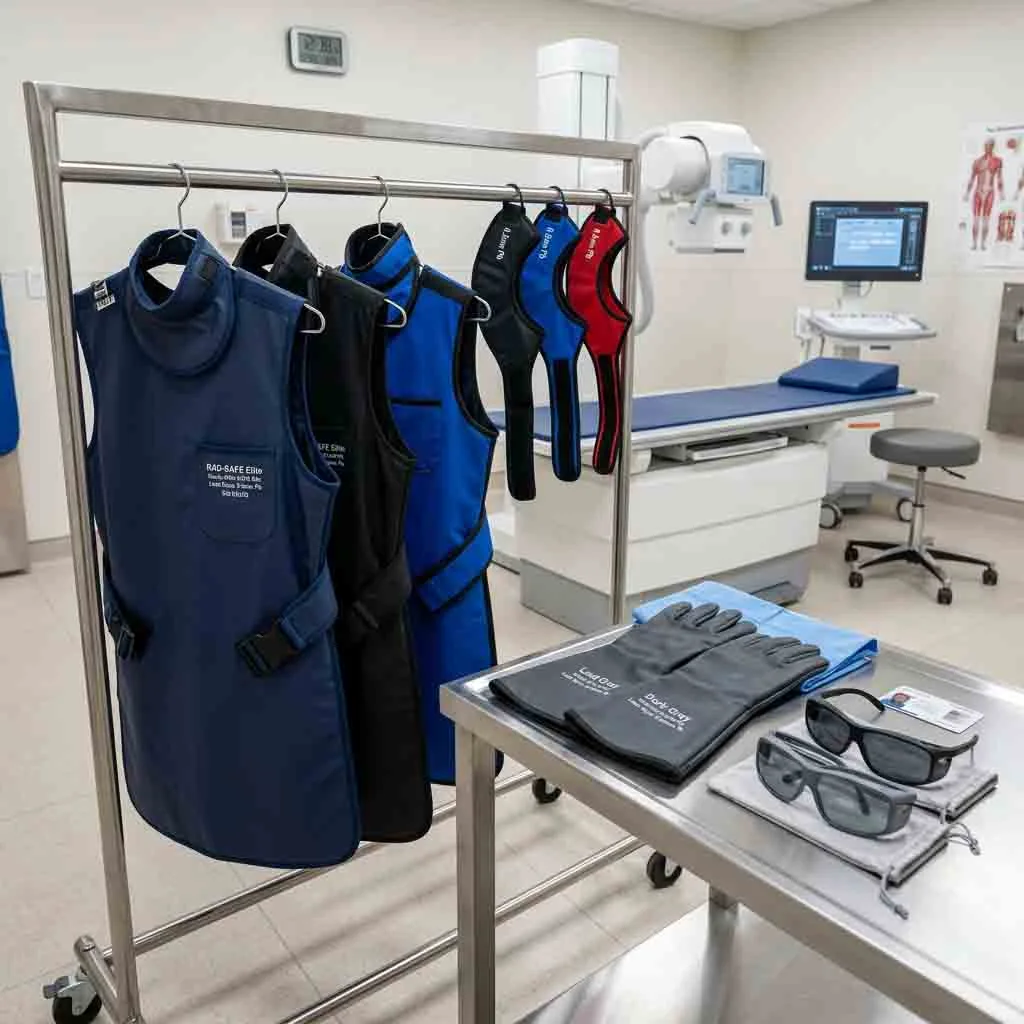 Mobile storage rack holding radiation protection lead aprons, thyroid collars, and safety glasses in a radiology room.