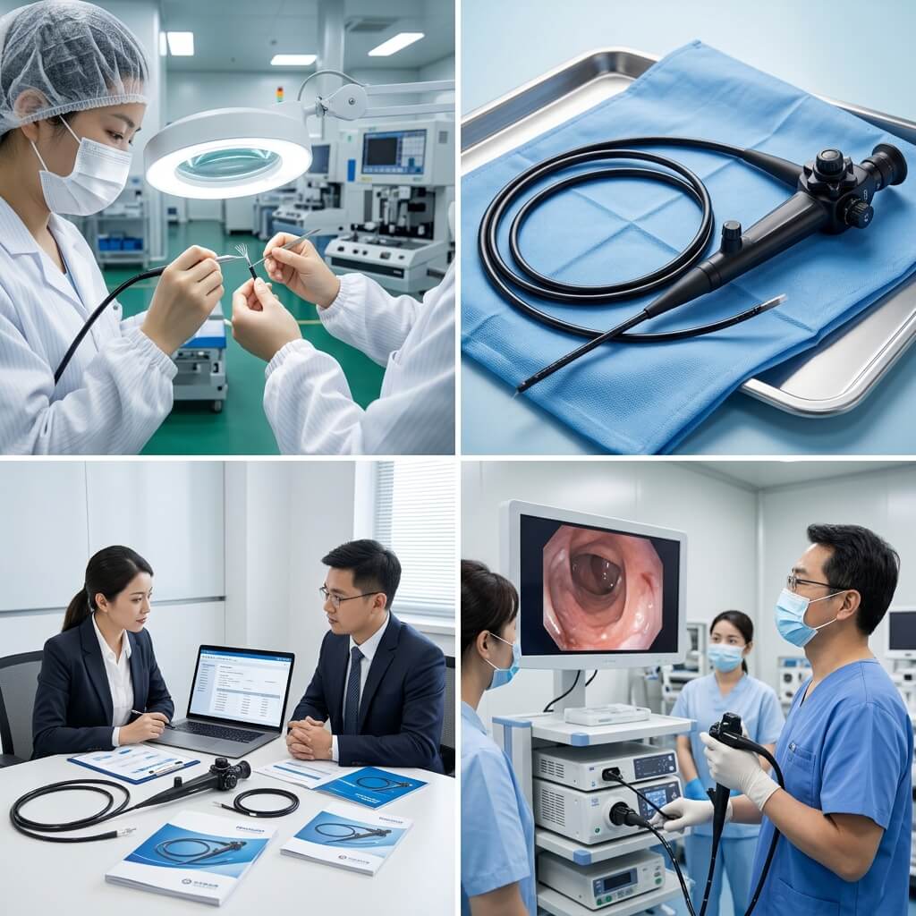 Four-panel collage showing fiberscope manufacturing, sterilization, procurement meeting, and clinical use.