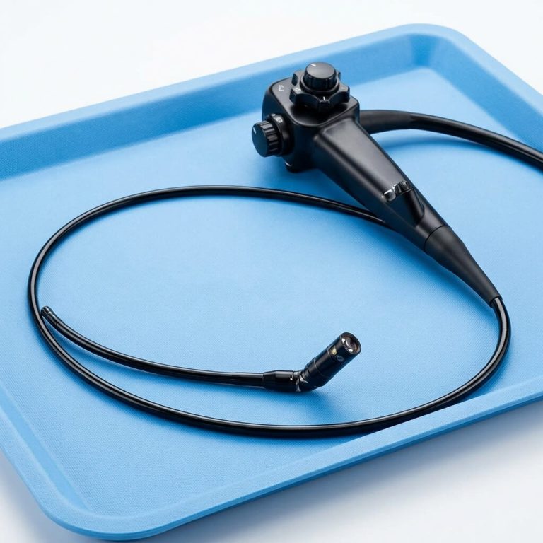 Flexible medical fiberscope with control dials resting on a blue clinical tray.