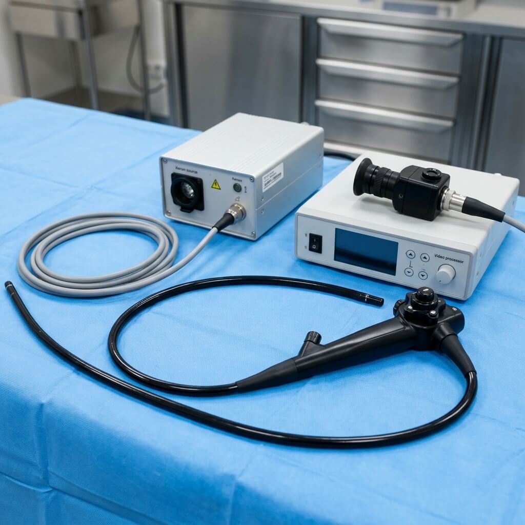 Complete medical fiberscope imaging system including light source, video processor, and flexible endoscope.