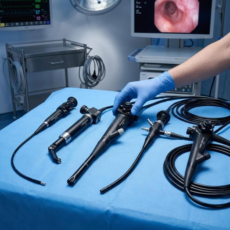 Gloved hand selecting a flexible medical fiberscope from a sterile surgical table.