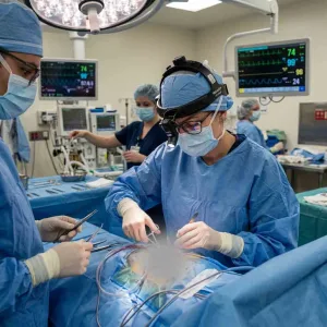 Female surgeon wearing a high-intensity LED surgical headlight during a complex medical procedure.
