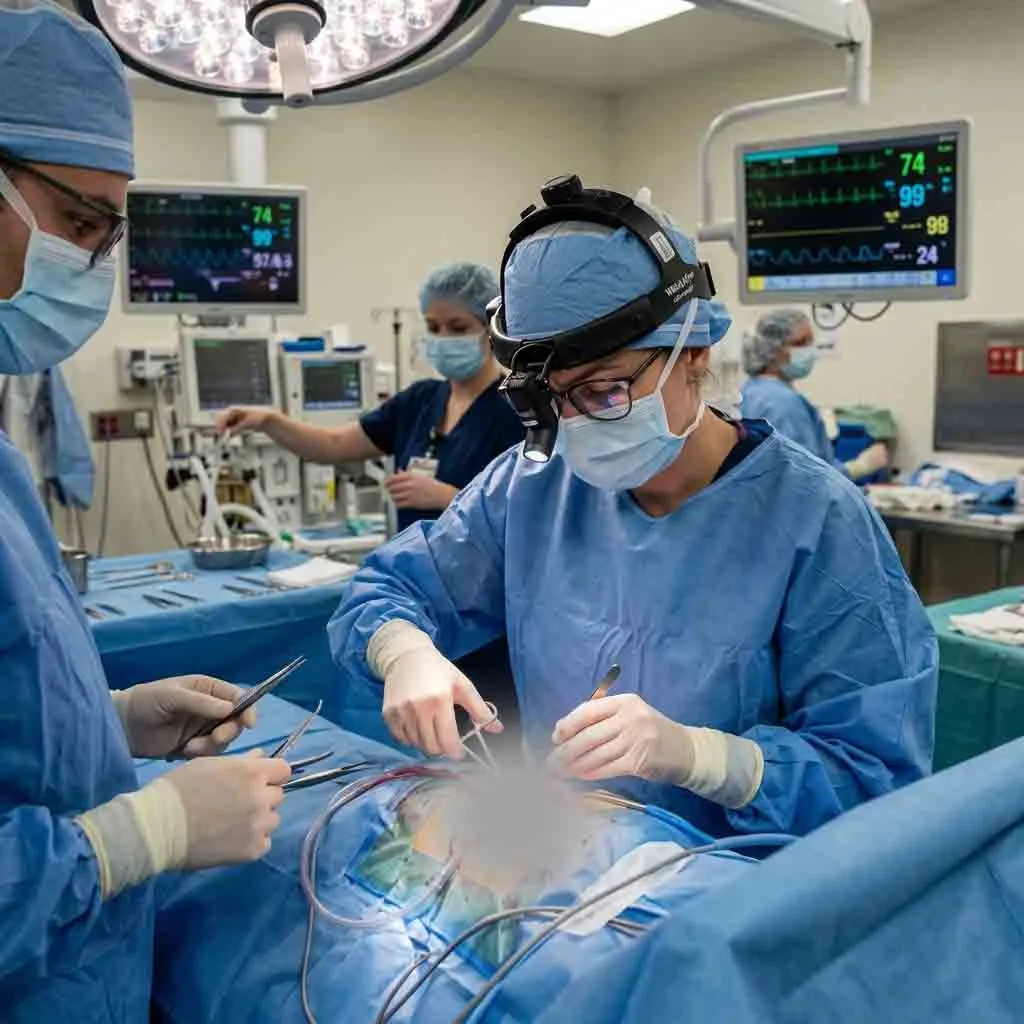 Female surgeon wearing a high-intensity LED surgical headlight during a complex medical procedure.