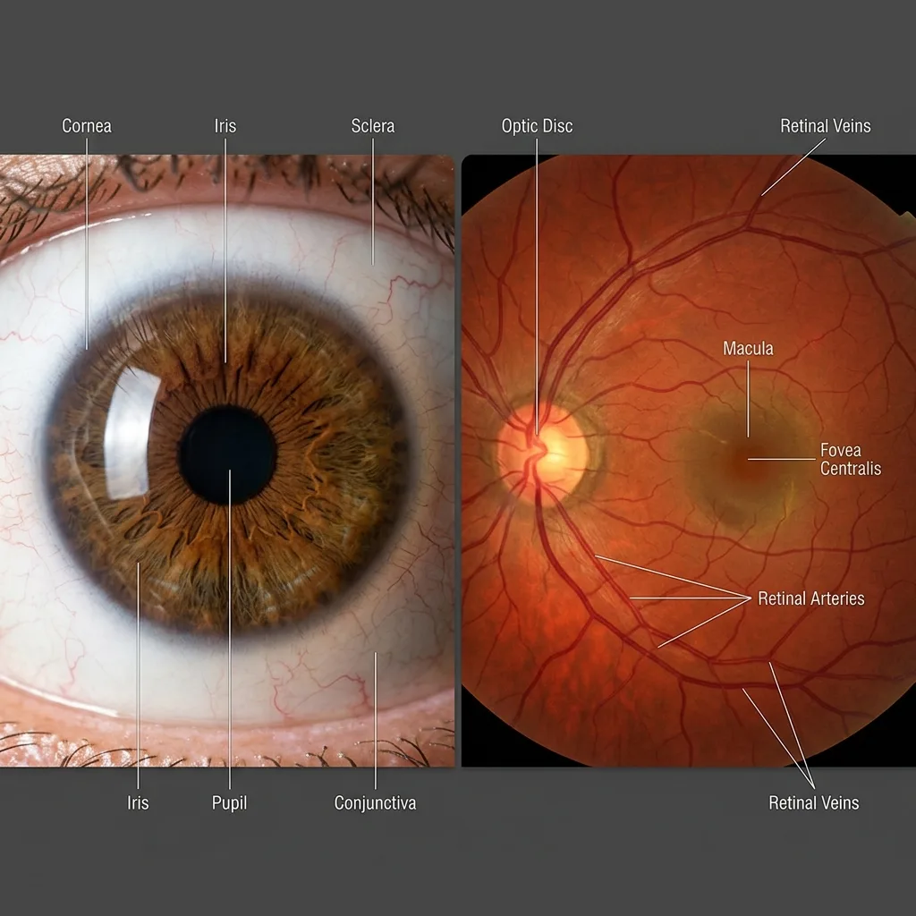 Anatomical diagram comparing anterior human eye and retinal fundus structures.