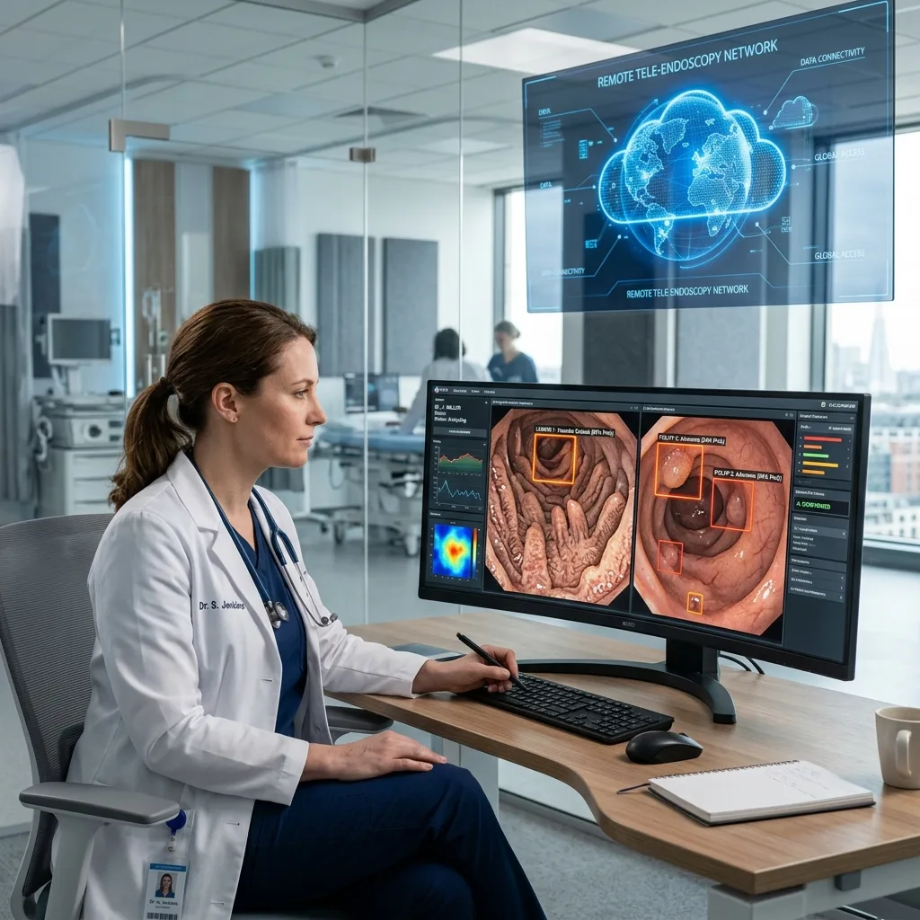 Physician utilizing a remote tele-endoscopy network for gastrointestinal AI diagnostics.