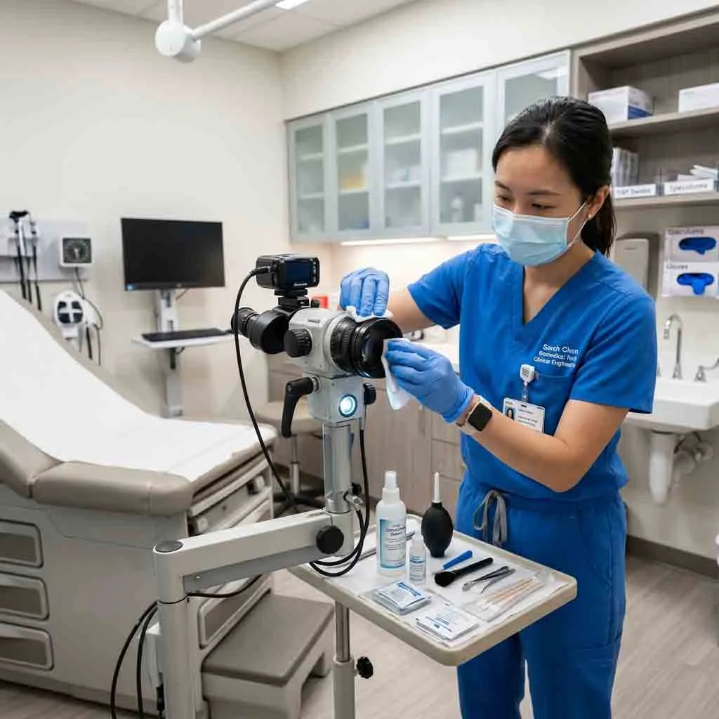 Clinical engineer in scrubs and mask cleaning the objective lens of an optical colposcope.